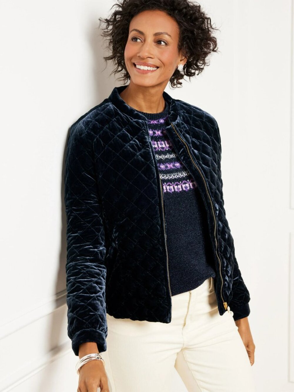 Talbots Quilted Velvet Bomber Jacket Dark Blue Size XLP Like New